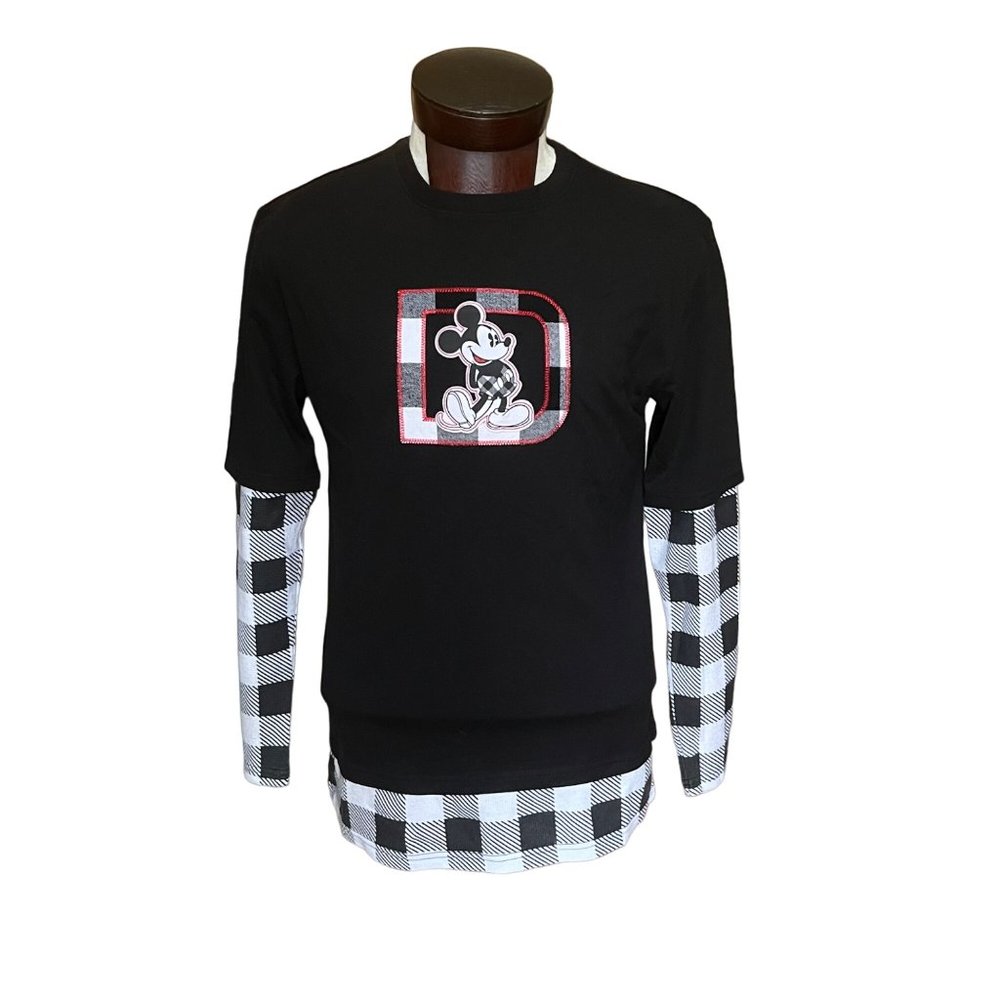 Mickey Mouse Plaid Layered T-Shirt for Adults Walt Disney World Black White Smal